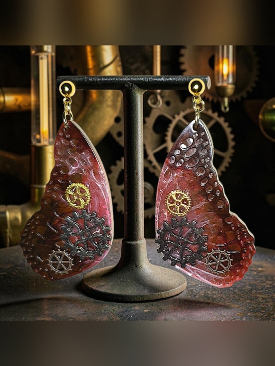 Hand Crafted Jewelry - Steampunk Textured Resin Butterfly Wing & Mixed-Metal Gear Drop Earrings